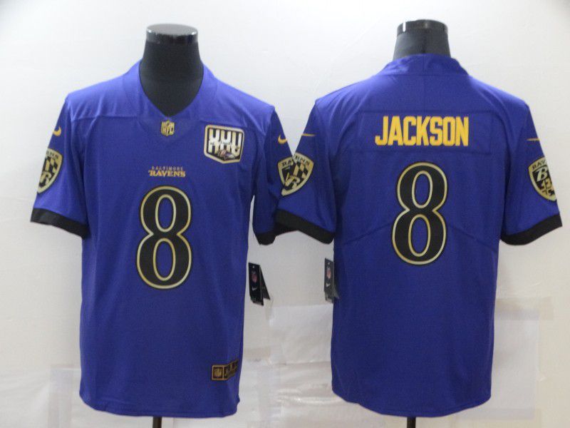 Men Baltimore Ravens #8 Jackson Purple gold 2020 Nike NFL Jersey
